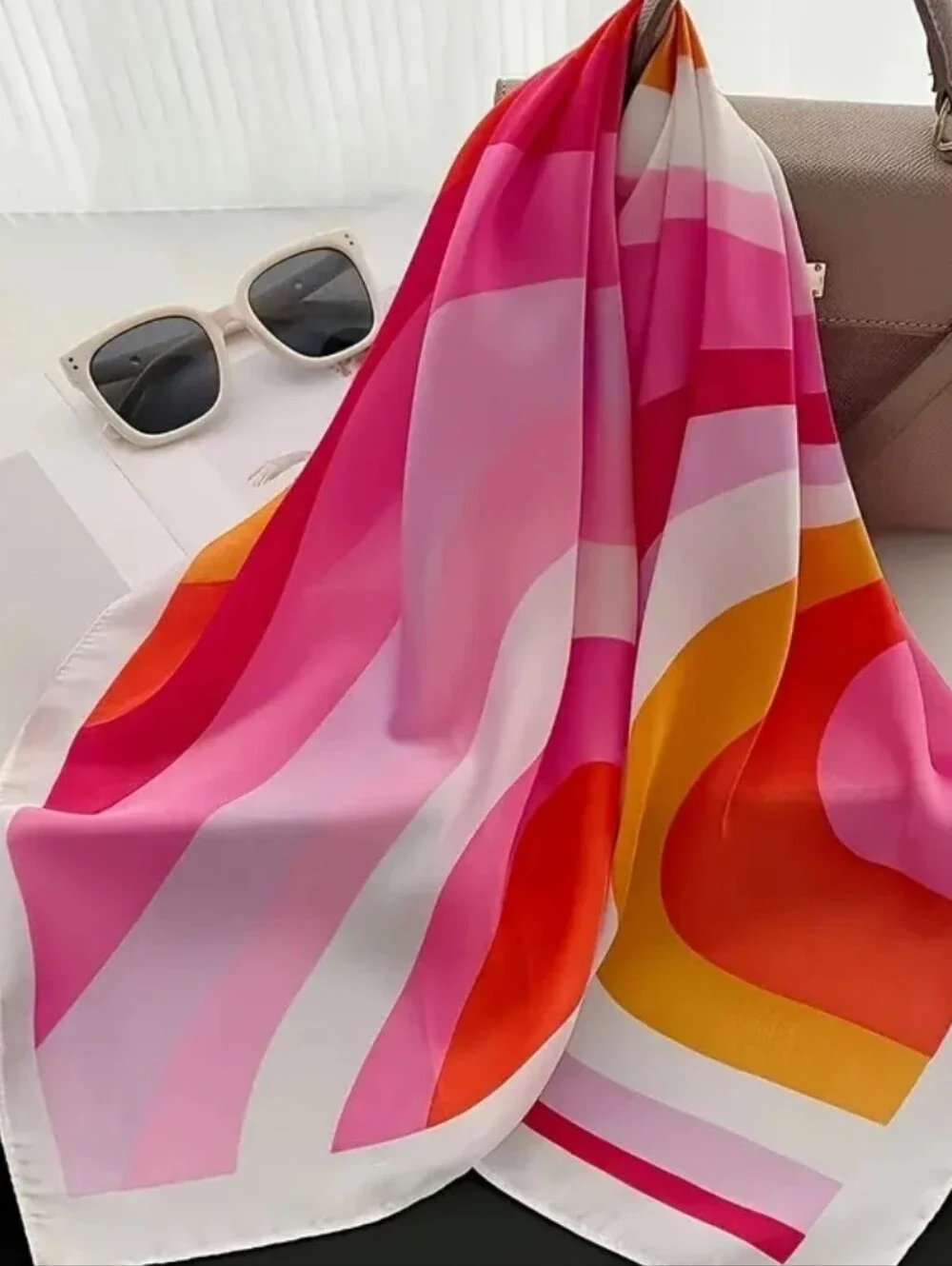 Silk-feel Pink Multi-Stripe Neck Scarf Women's Neck Scarf , Head Scarf